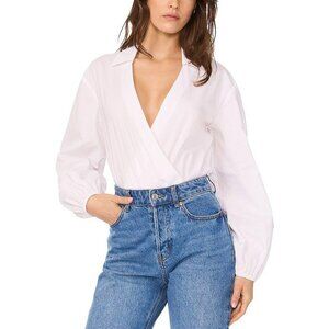 1.STATE Womens Faux-Wrap Long Sleeve Plunge Neck Bodysuit White Size M NWT
